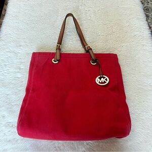 Michael Kors Red Fabric w/ brown Leather handles Tote Bag